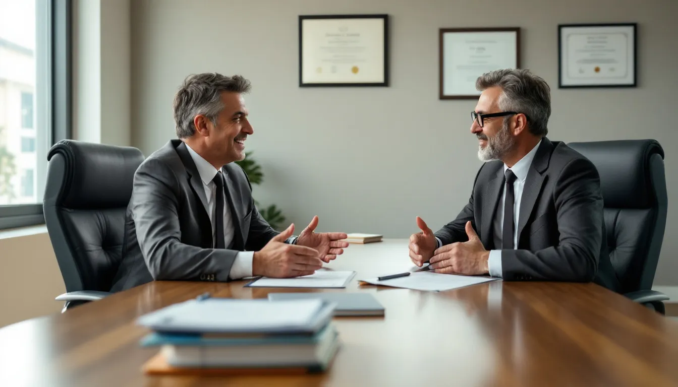 In einem Beratungsgespräch sitzen ein Arbeitgeber und ein Fachanwalt für Arbeitsrecht zusammen, um die sichere Gestaltung eines Abfindungsvergleichs zu besprechen. Dabei werden Themen wie die Höhe der Abfindung, Ansprüche des Arbeitnehmers und die Beendigung des Arbeitsverhältnisses erörtert.