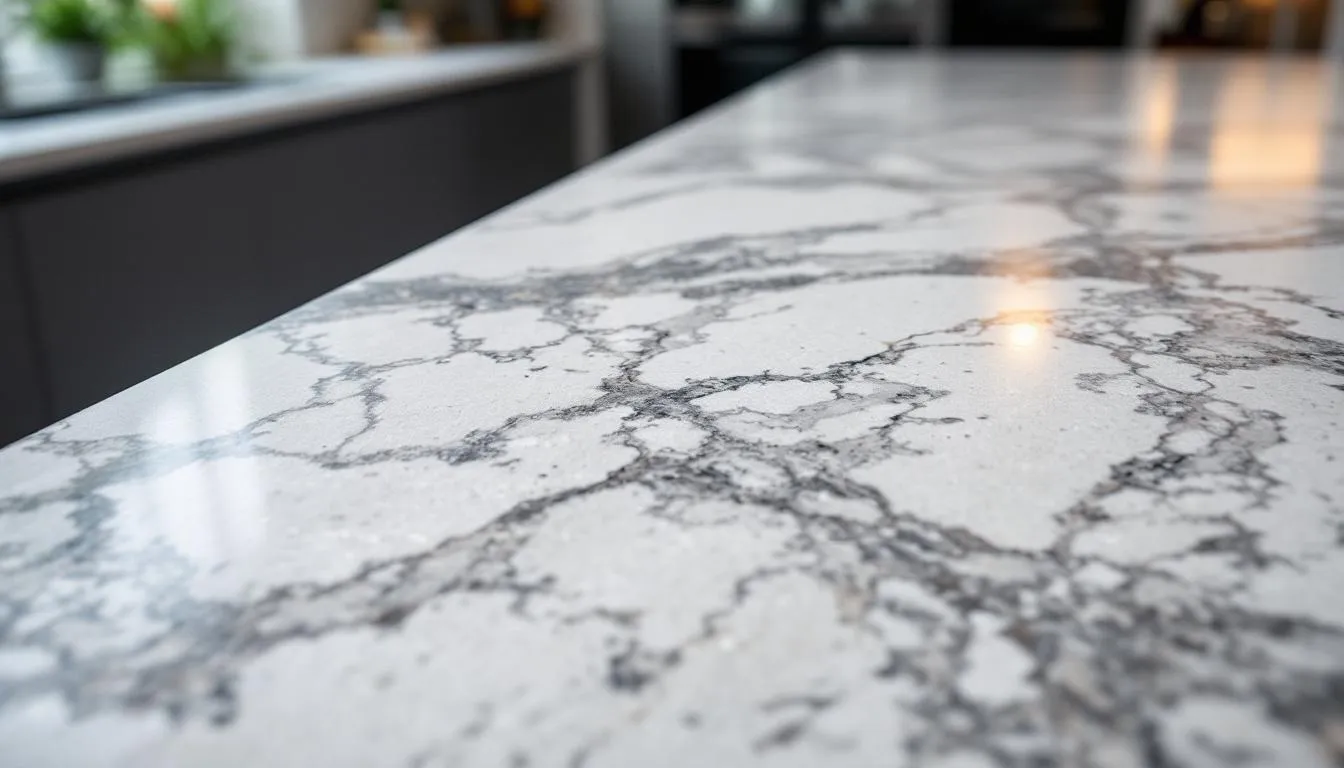 A close-up of a granite worktop, highlighting its natural beauty and unique patterns.