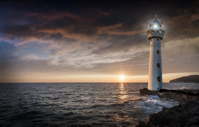 lighthouse, sea, sunset