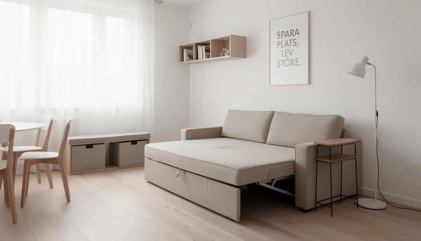 En liten lägenhet med en kompakt beige bäddsoffa som visar hur den sparar utrymme. Bäddsoffan erbjuder en extra sovplats och passar perfekt i mindre rum, vilket gör den till en smart lösning för hemmet.