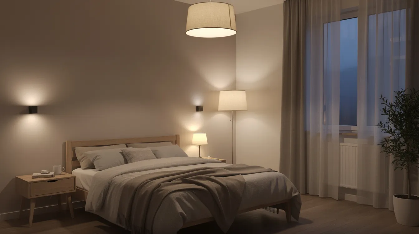 Slaapkamer met een plafondlamp, wandlampen en een tafellamp die samen sfeer geven