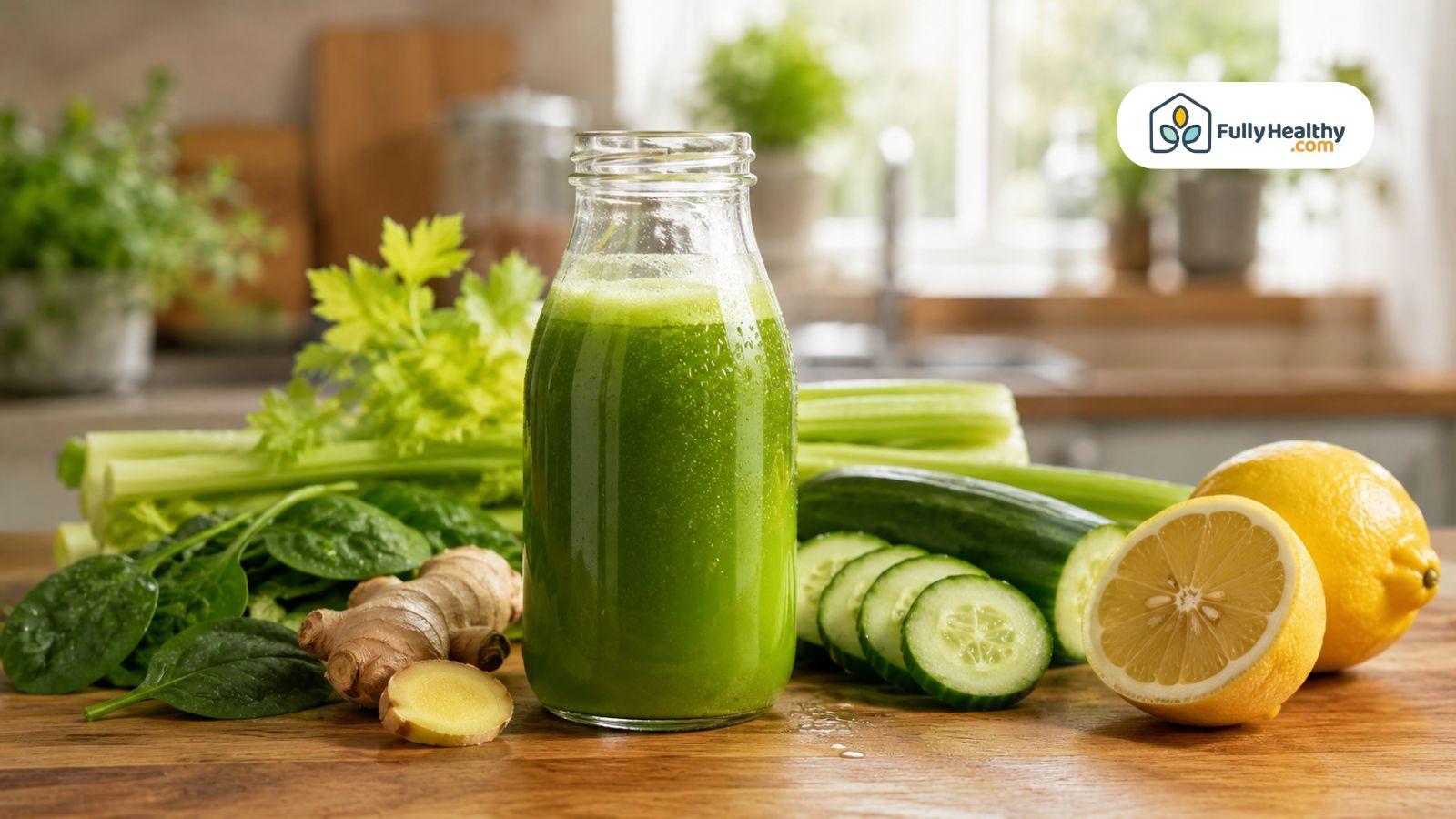 Fresh green juice with celery, cucumber, spinach, lemon, and ginger on kitchen counter.