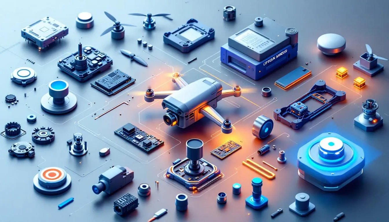 An overview of the drone parts manufacturing business in India, showcasing various drone components.