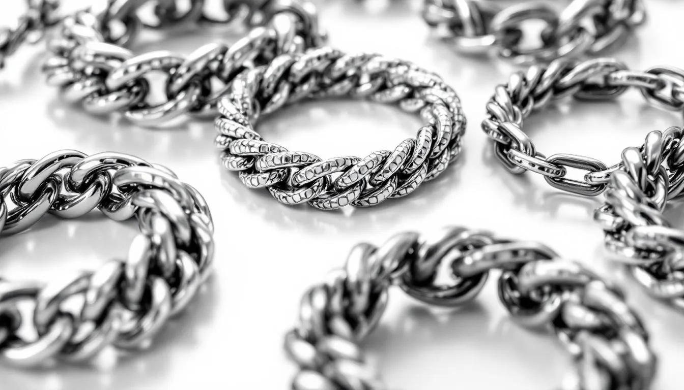 The image showcases a collection of bold and chunky silver bracelets, featuring thick, heavy chain links that command attention. Each piece, crafted from solid sterling silver, adds a dramatic touch to any outfit, perfect for those who love to make a statement with their jewellery.