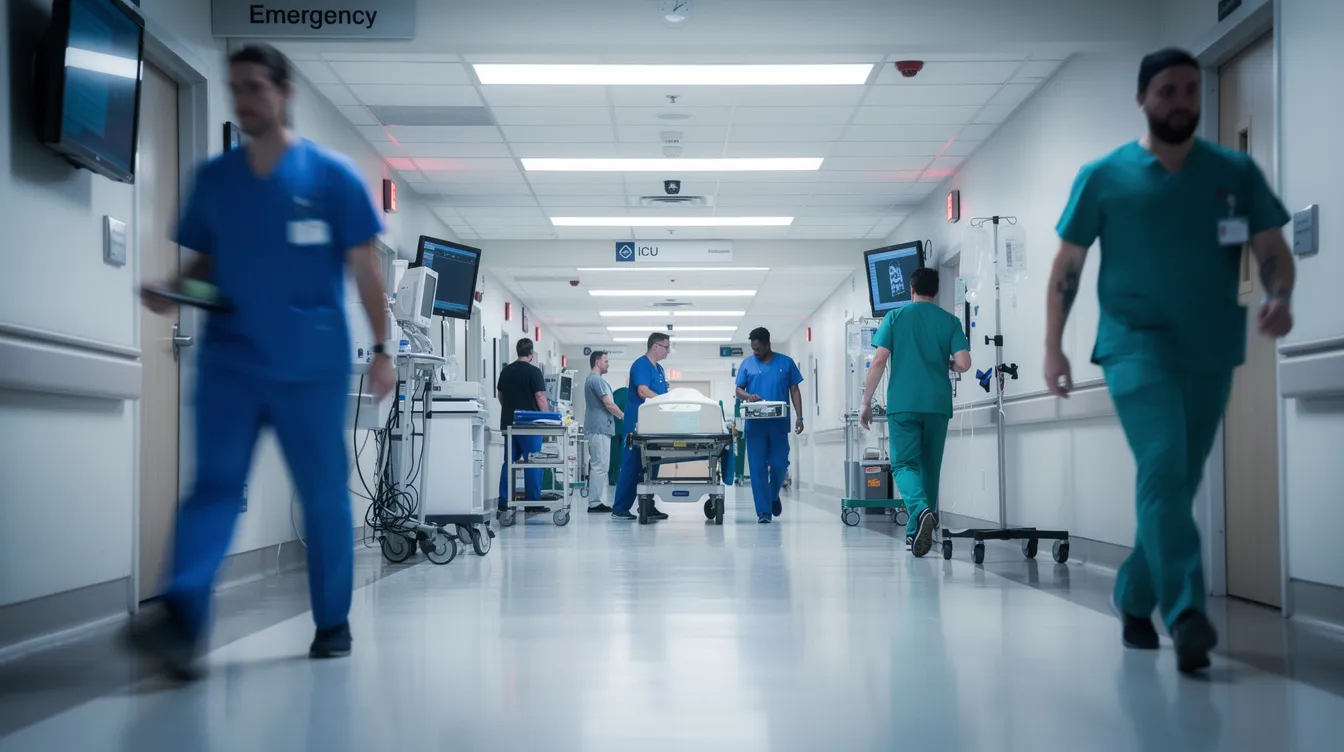 The image depicts a bustling hospital hallway where medical staff in scrubs and lab coats are moving swiftly in response to an emergency situation. The atmosphere conveys urgency as healthcare professionals prepare to address serious injuries, highlighting the critical role of medical treatment in personal injury cases, including those related to commercial vehicle accidents.