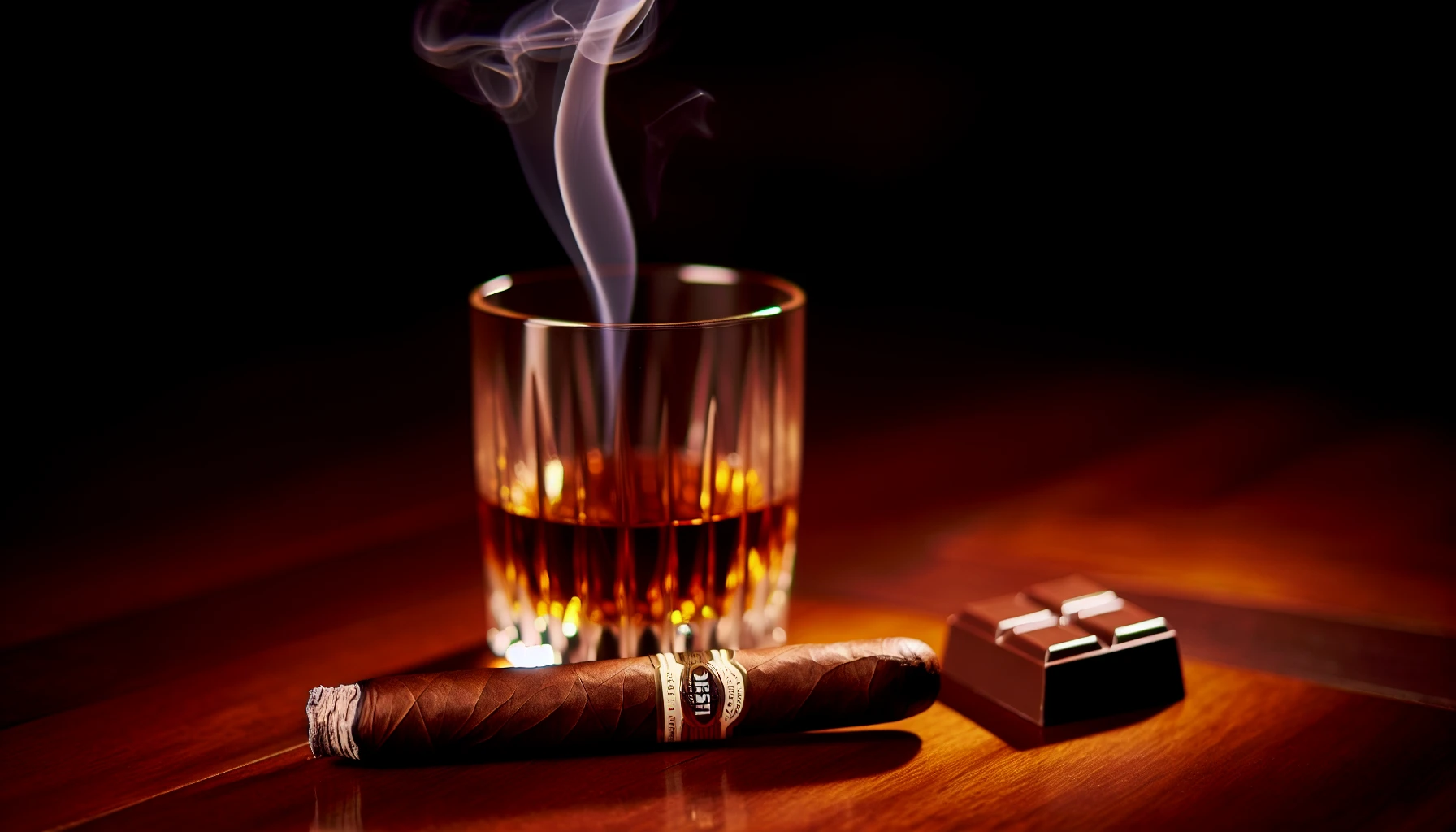 Elegant setup of a cigar, glass of bourbon, and dark chocolate on a wooden table