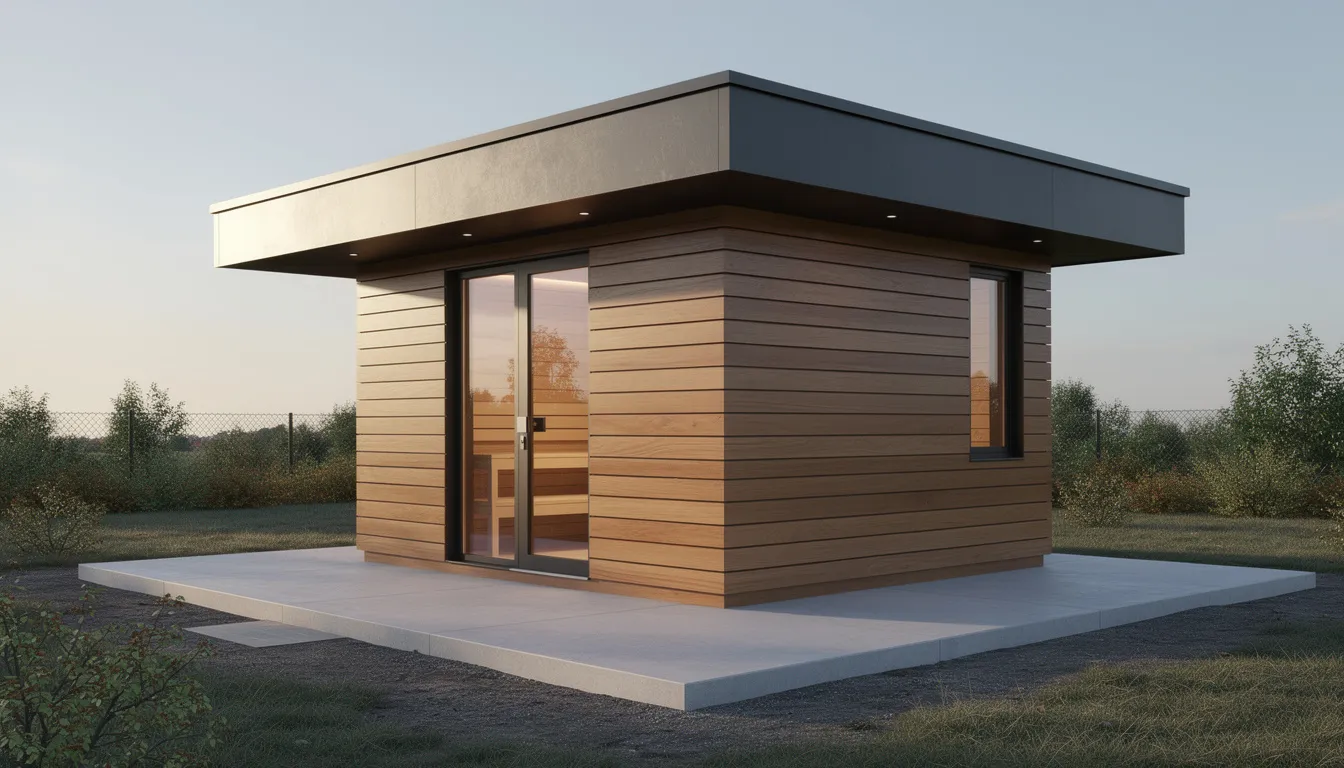 The image depicts a high-quality outdoor sauna structure positioned on a level concrete pad, designed for efficient heating and proper ventilation. The sauna features a wooden exterior, likely made of redwood or cedar, and is set in a spacious outdoor area, perfect for relaxation and wellness goals.