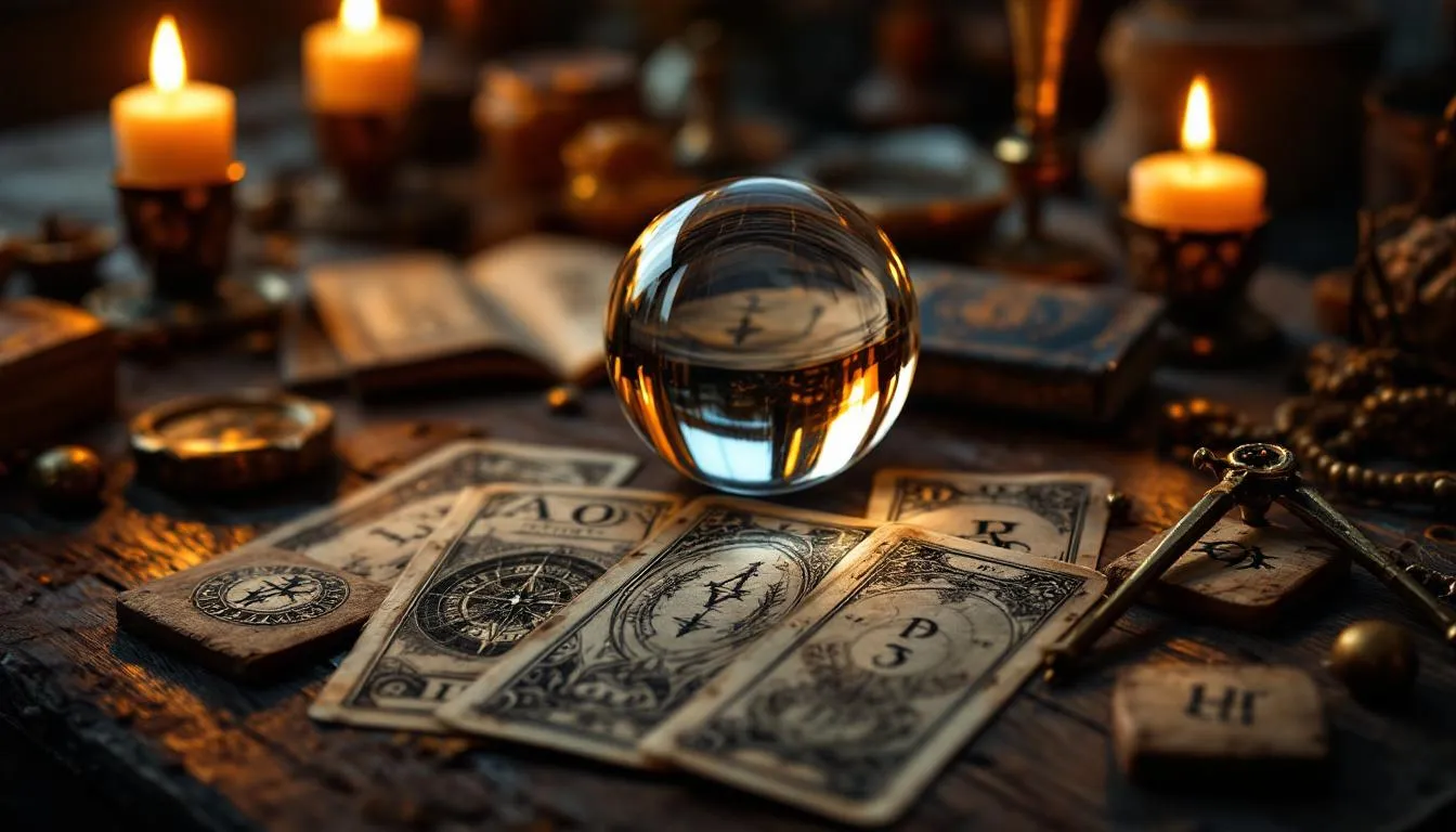 Dans cette image, des cartes de tarot anciennes, des runes et une boule de cristal sont soigneusement disposées sur une table en bois, entourées de bougies. Cet agencement évoque des pratiques de divination, mêlant art et connaissance des phénomènes futurs.