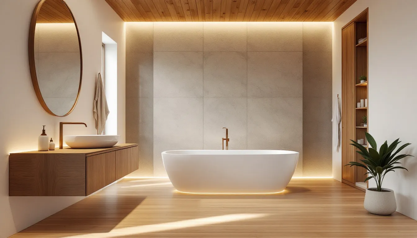 A bathroom with wooden floorboards and essential finishes applied.