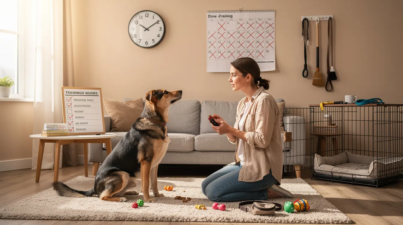 The image depicts a professional dog trainer working with a young dog during a training session, focusing on basic obedience commands. The trainer uses positive reinforcement techniques to address common behavioral challenges, illustrating the ongoing training process that varies based on the dog's age and individual needs.