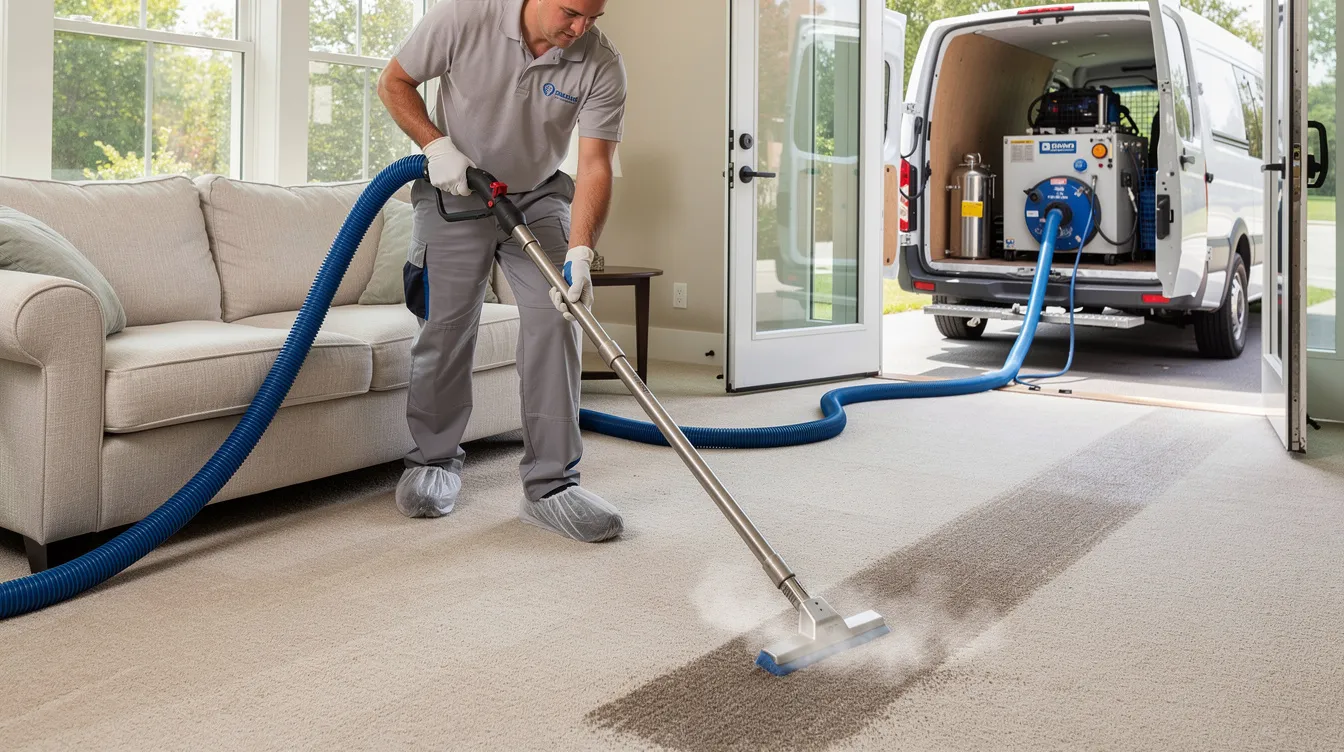 A professional carpet cleaner is using truck-mounted extraction equipment to perform a thorough cleaning process on a residential carpet, effectively removing dirt and soil. The technician is focused on ensuring quality results for homeowners, utilizing hot water extraction methods to leave the carpet clean and residue-free.