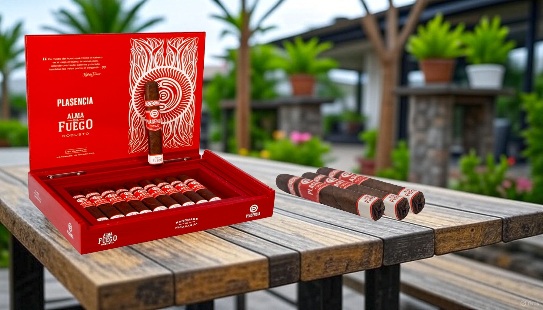 A depiction of an outdoor patio scene with Plasencia Alma del Fuego Cigars