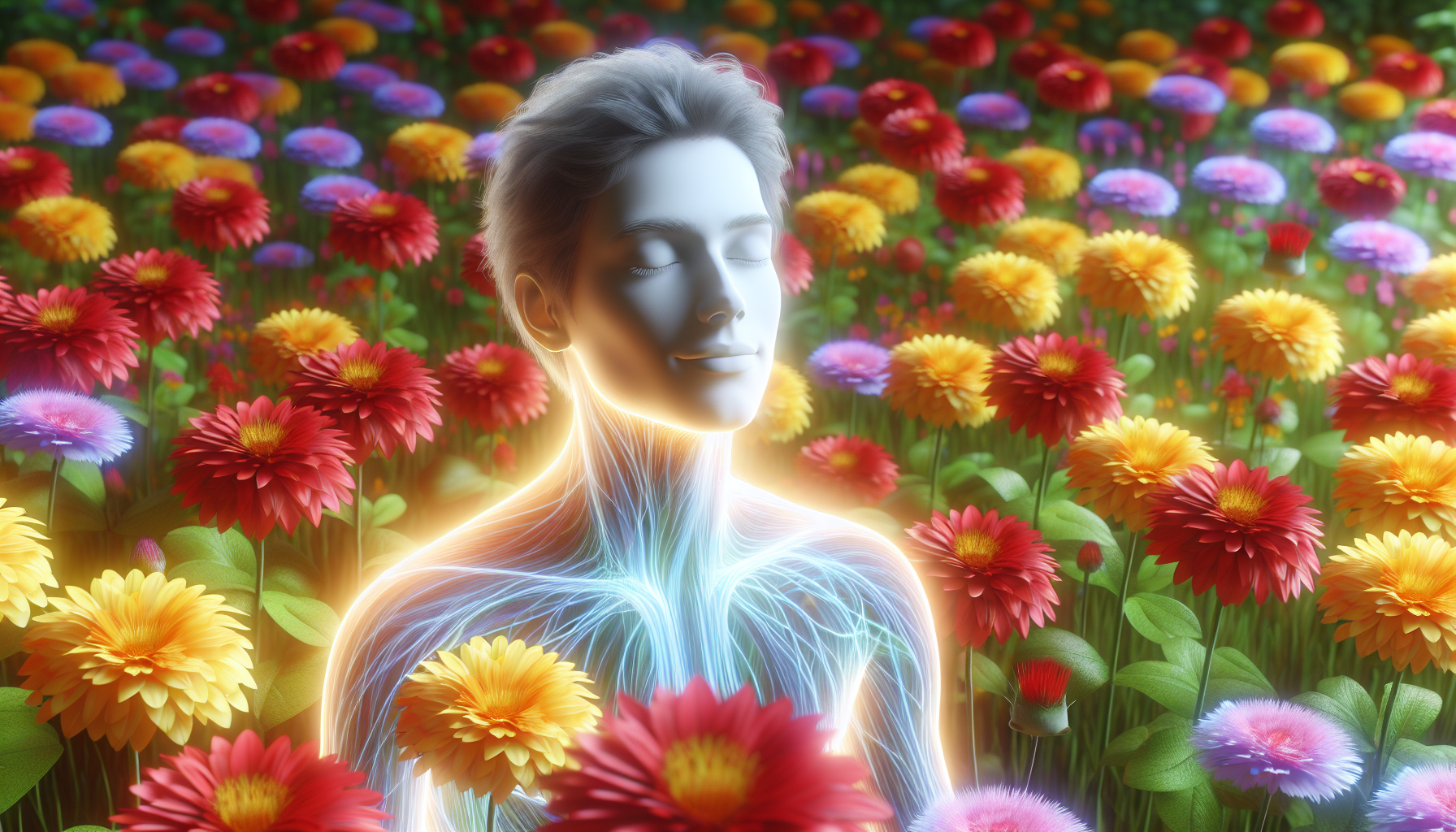 A person surrounded by blooming flowers, representing relief from seasonal allergies