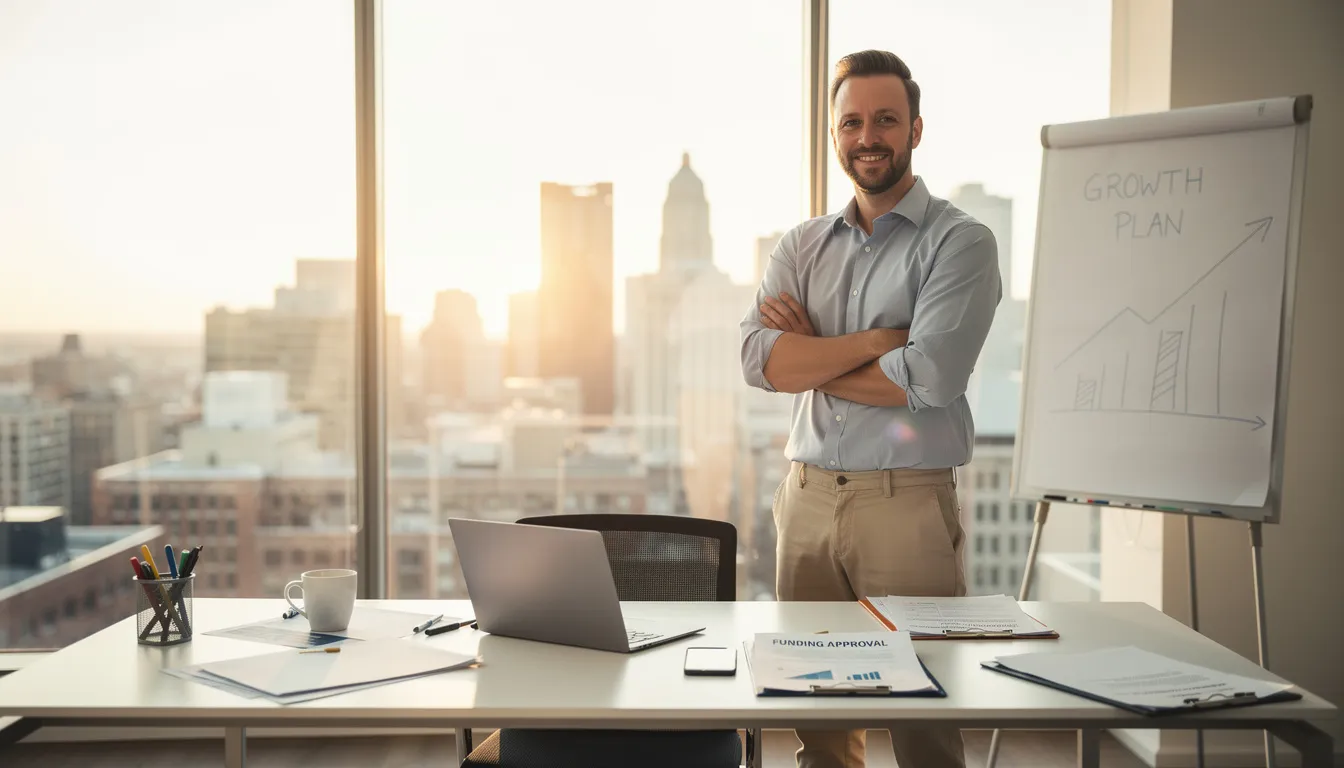 The image depicts a confident small business professional standing proudly in their shop, reflecting professionalism and success after securing great funding for business growth. This moment captures the excitement of increased cash flow and the potential for location expansion, highlighting the trustworthiness and support provided by fast and affordable financing options with no credit check.