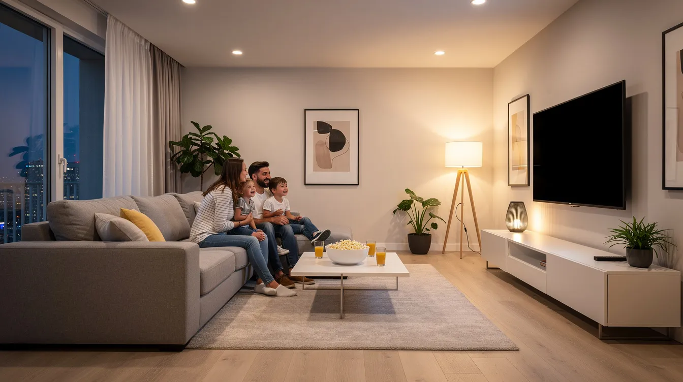 A happy family is gathered in a modern living room, enjoying their favorite movies and shows on television, connected through their DSTV subscription. The scene captures a joyful moment filled with entertainment, showcasing the ease of accessing their favorite DSTV app right at their fingertips.