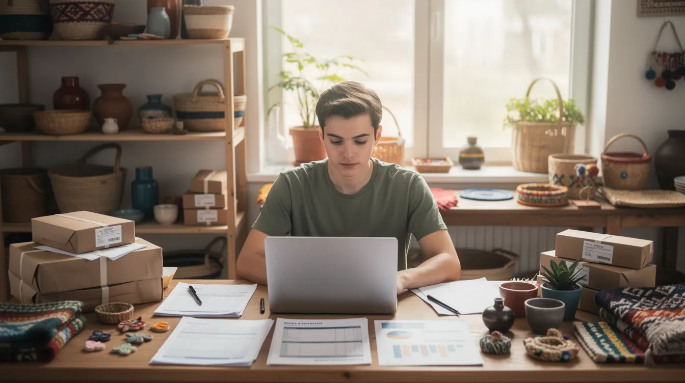 aba11845 c986 4a6e 825b e95b4c9cacb2 A young entrepreneur sits at a desk, focused on a laptop, surrounded by local handicraft products and various business documents. The scene reflects a vibrant atmosphere of creativity and potential, showcasing the entrepreneur's dedication to exploring profitable business ideas in Nagaland, including opportunities in local handicrafts and agricultural ventures.