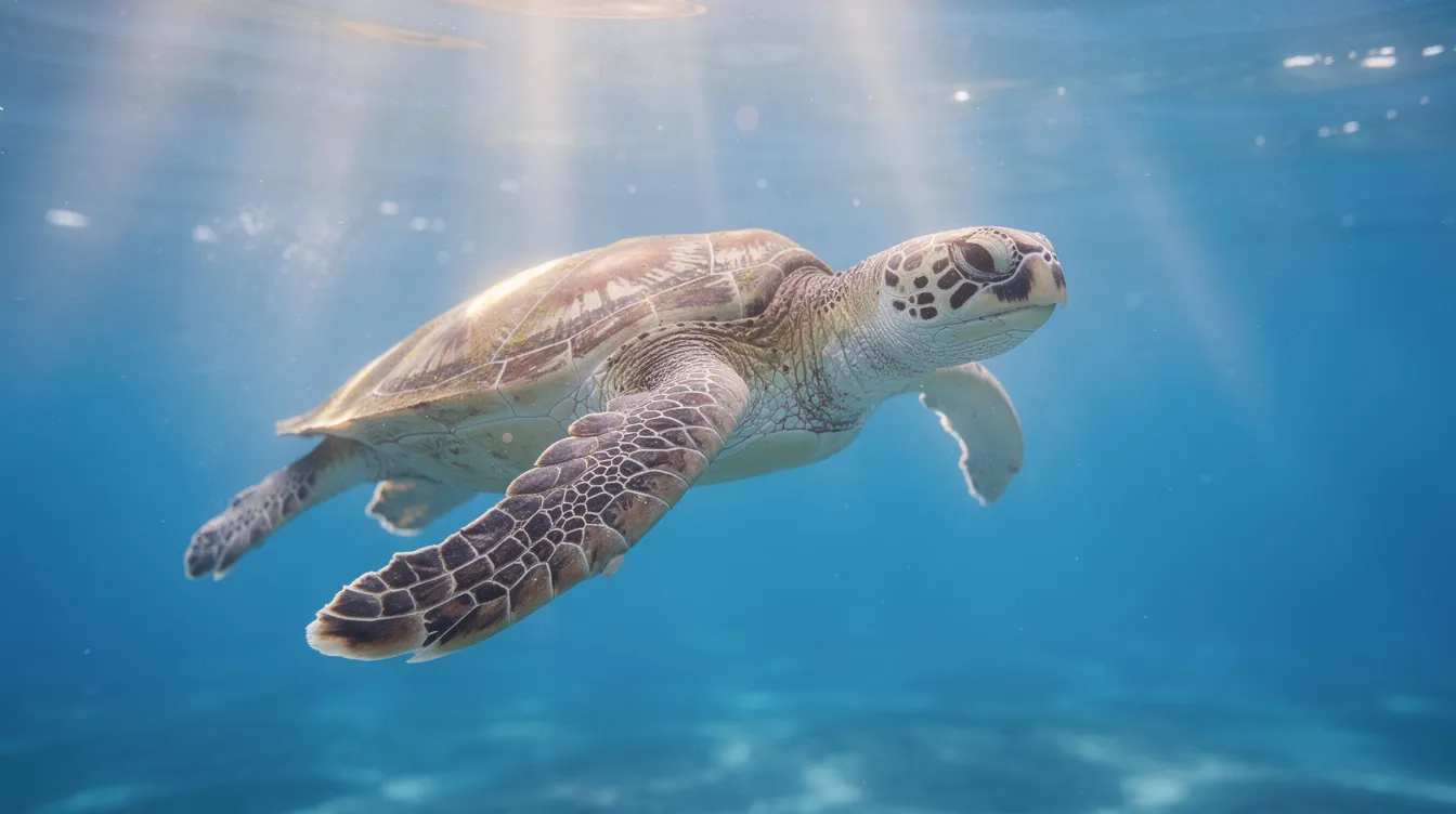 Uma tartaruga marinha nada graciosamente em águas azul cristalina, enquanto raios de sol iluminam a superfície, criando um cenário deslumbrante que destaca a beleza da vida marinha nas ilhas jônicas, como Zakynthos. Este ambiente tranquilo é um convite para explorar as praias e cavernas da região, como as famosas Keri Caves e Navagio Beach.