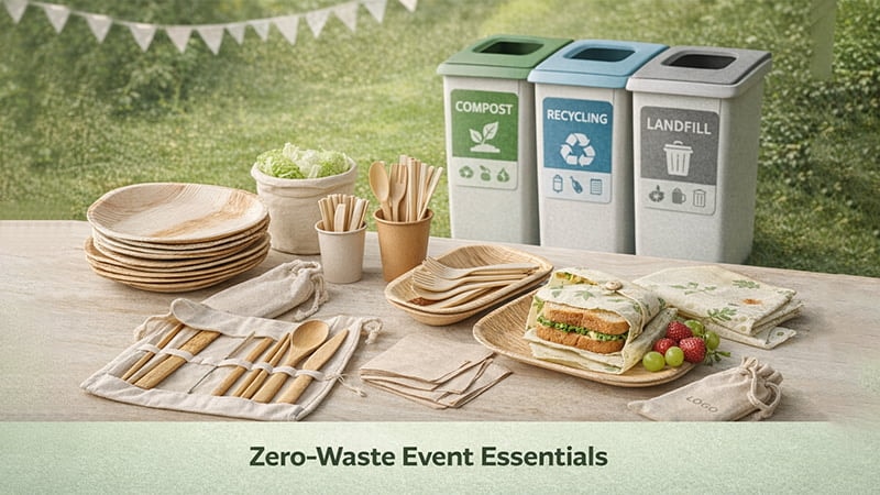 Zero-waste event essentials with compostable plates, bamboo cutlery, reusable wraps, and labeled compost/recycling bins.