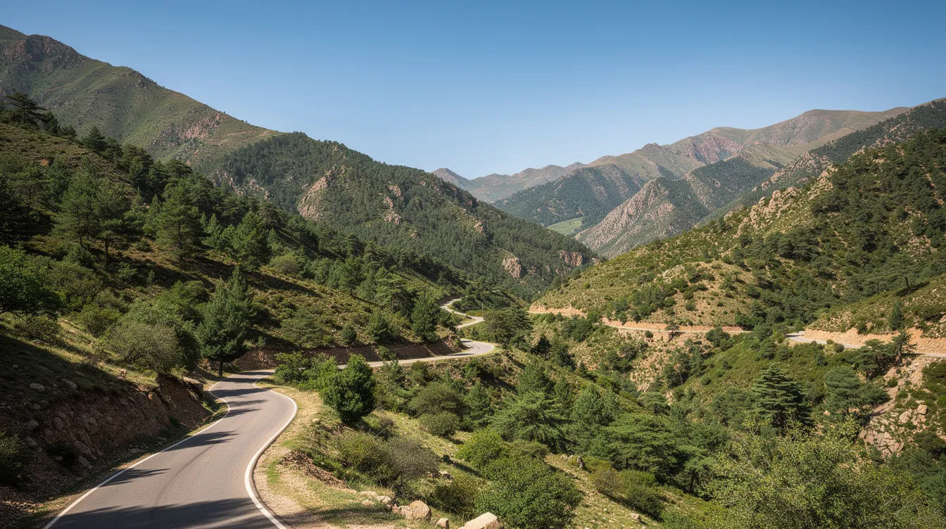 A scenic winding mountain road cuts through the lush green forests of the Middle Atlas, under a clear blue sky, inviting travelers to embark on a Moroccan adventure. This picturesque route is perfect for those looking to rent a car in Fez and explore the stunning landscapes of Morocco.