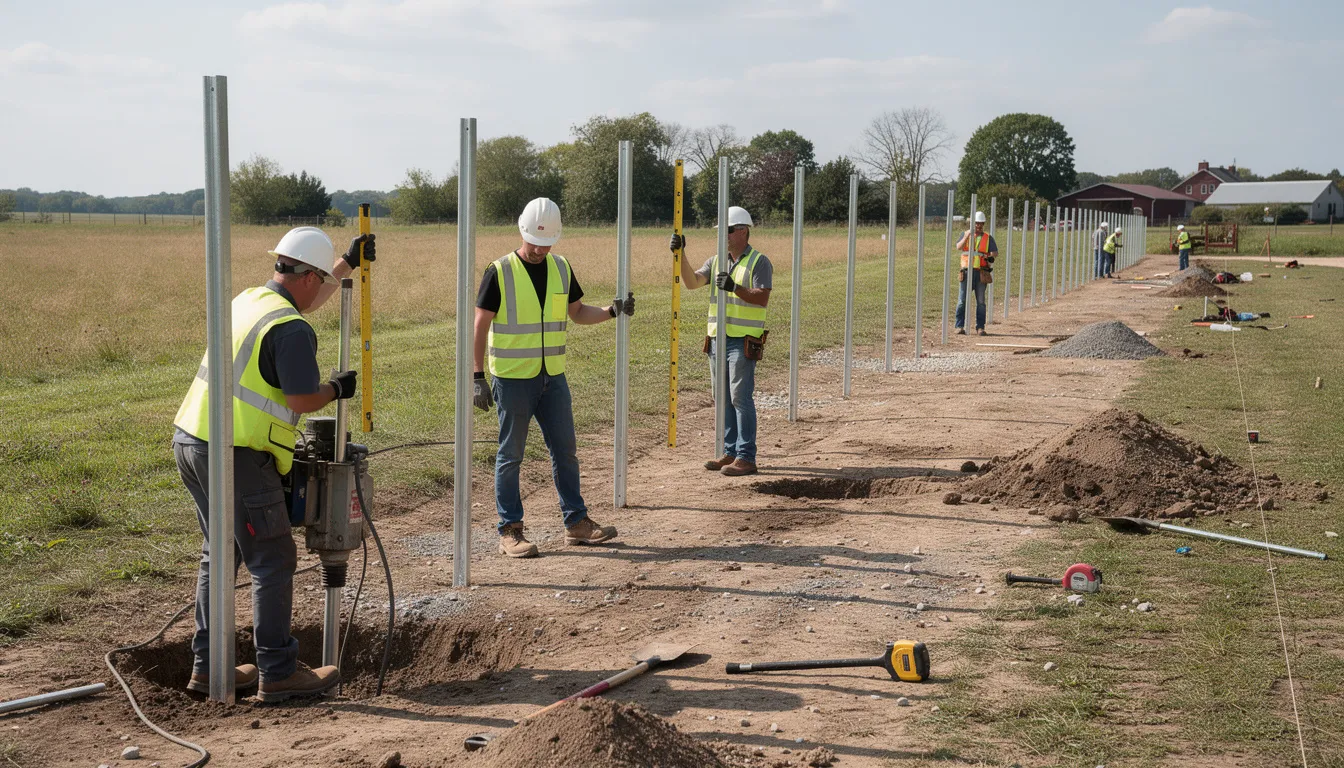 Two workers are installing steel fence posts along a property boundary line, ensuring a secure and durable installation that meets fencing requirements. This professional fencing job highlights the quality workmanship and attention to detail expected in the fencing industry.