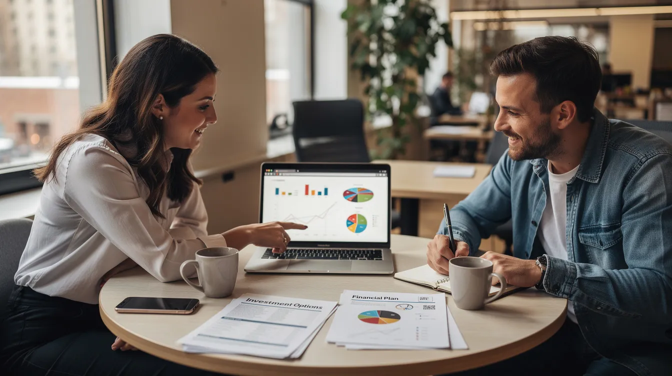The image depicts two individuals engaged in a casual business meeting, focused on reviewing financial options on a laptop. They are discussing strategies to manage their mortgage payments and how to pay off a home equity line of credit (HELOC) faster, considering factors like interest rates and monthly payments.