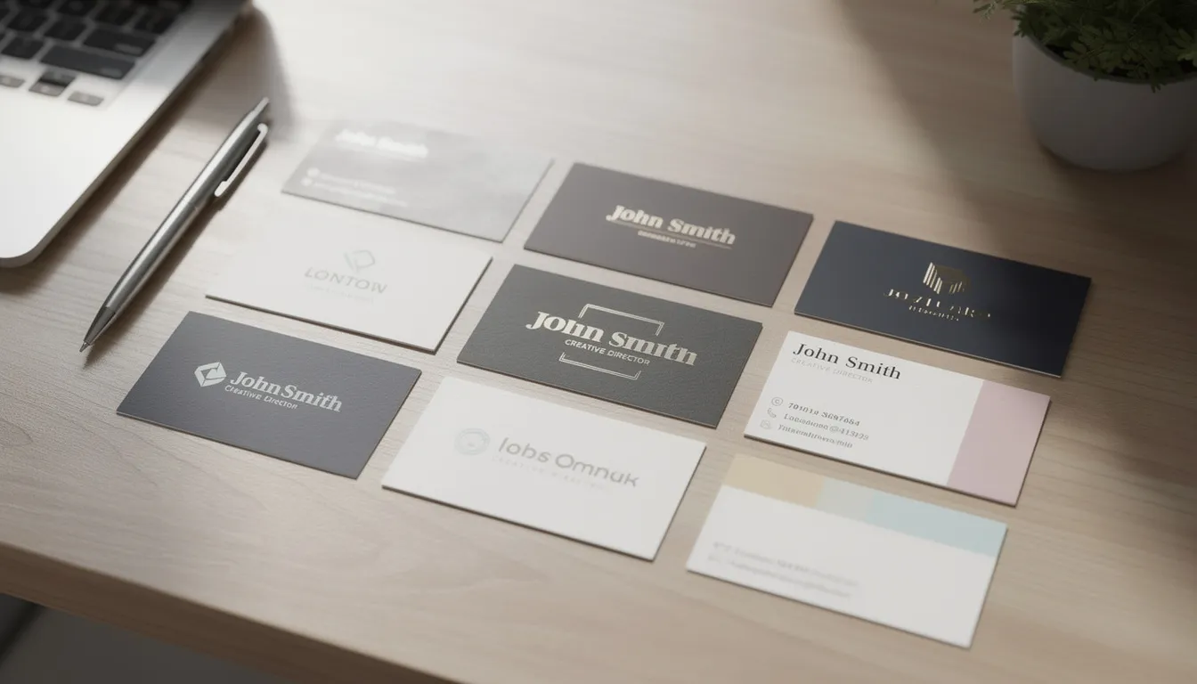 A collection of professional business cards showcasing various design styles is neatly arranged on a desk, highlighting different templates and customization options for branding. The cards feature a mix of colors and graphics, making a lasting impression for business events and connections.