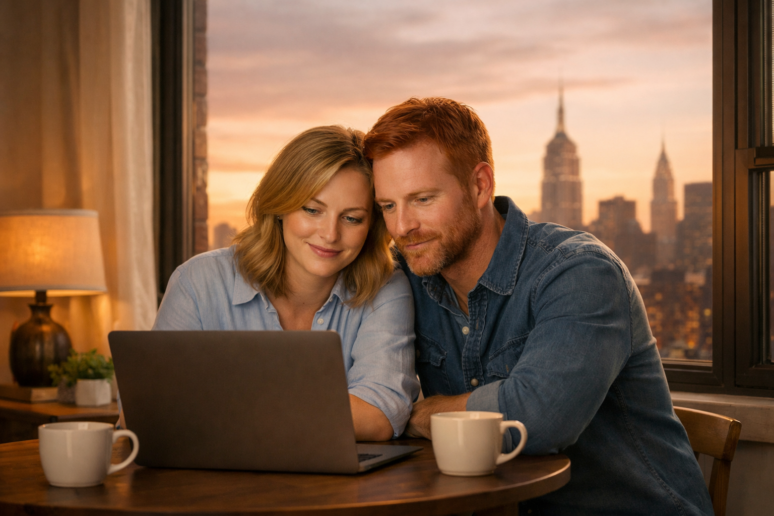 Couple looking hopeful together at a laptop in a New York apartment at sunset, considering online couples therapy.