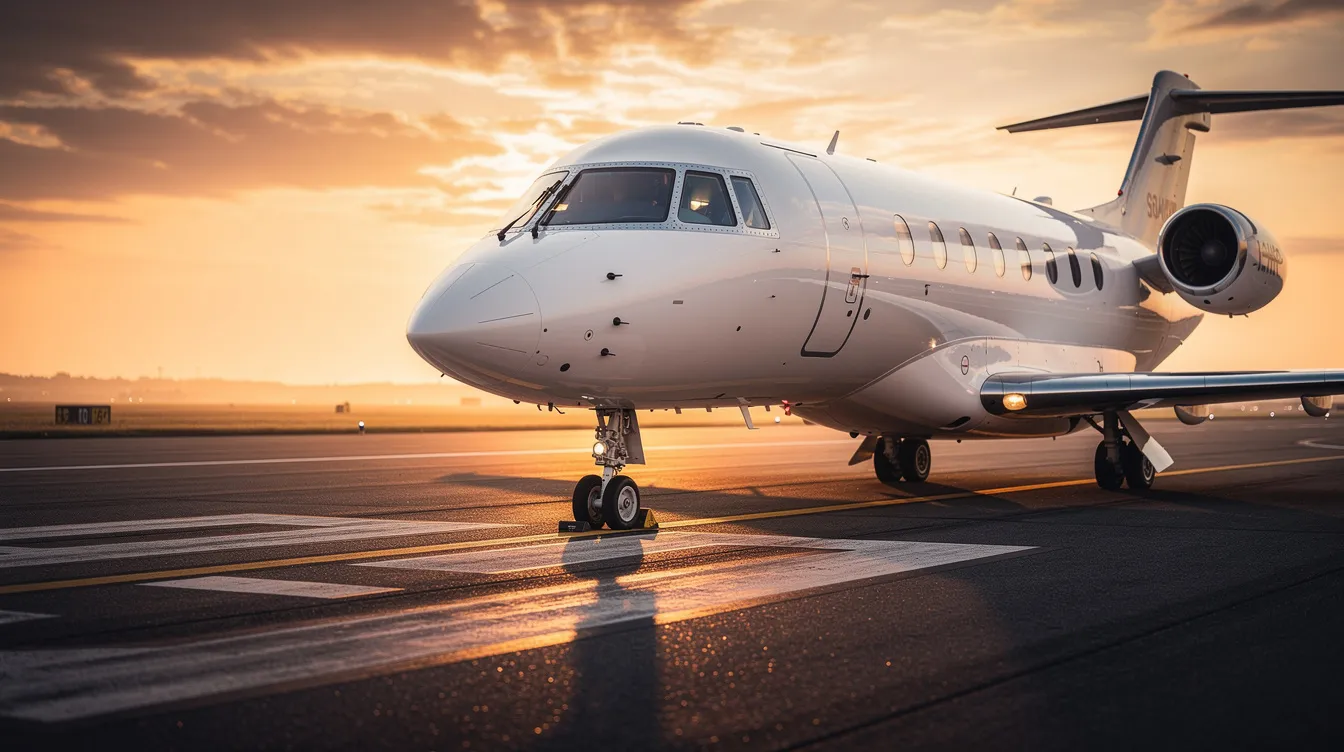 Eine Nahaufnahme eines eleganten Geschäftsflugzeugs auf einer Landebahn, umgeben von der warmen Lichtstimmung eines Sonnenuntergangs. Die Silhouette des Flugzeugs hebt sich vor dem bunten Himmel ab und vermittelt ein Gefühl von Luxus und Reisen, passend zur Welt von Dagmar Wöhrl und ihren unternehmerischen Aktivitäten.