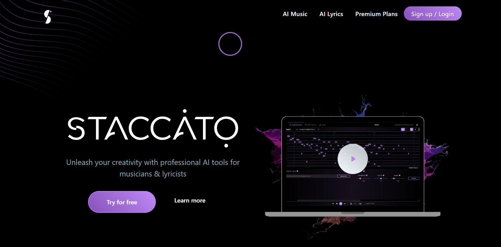 Staccato homepage with white writing and purple buttons on a black background.