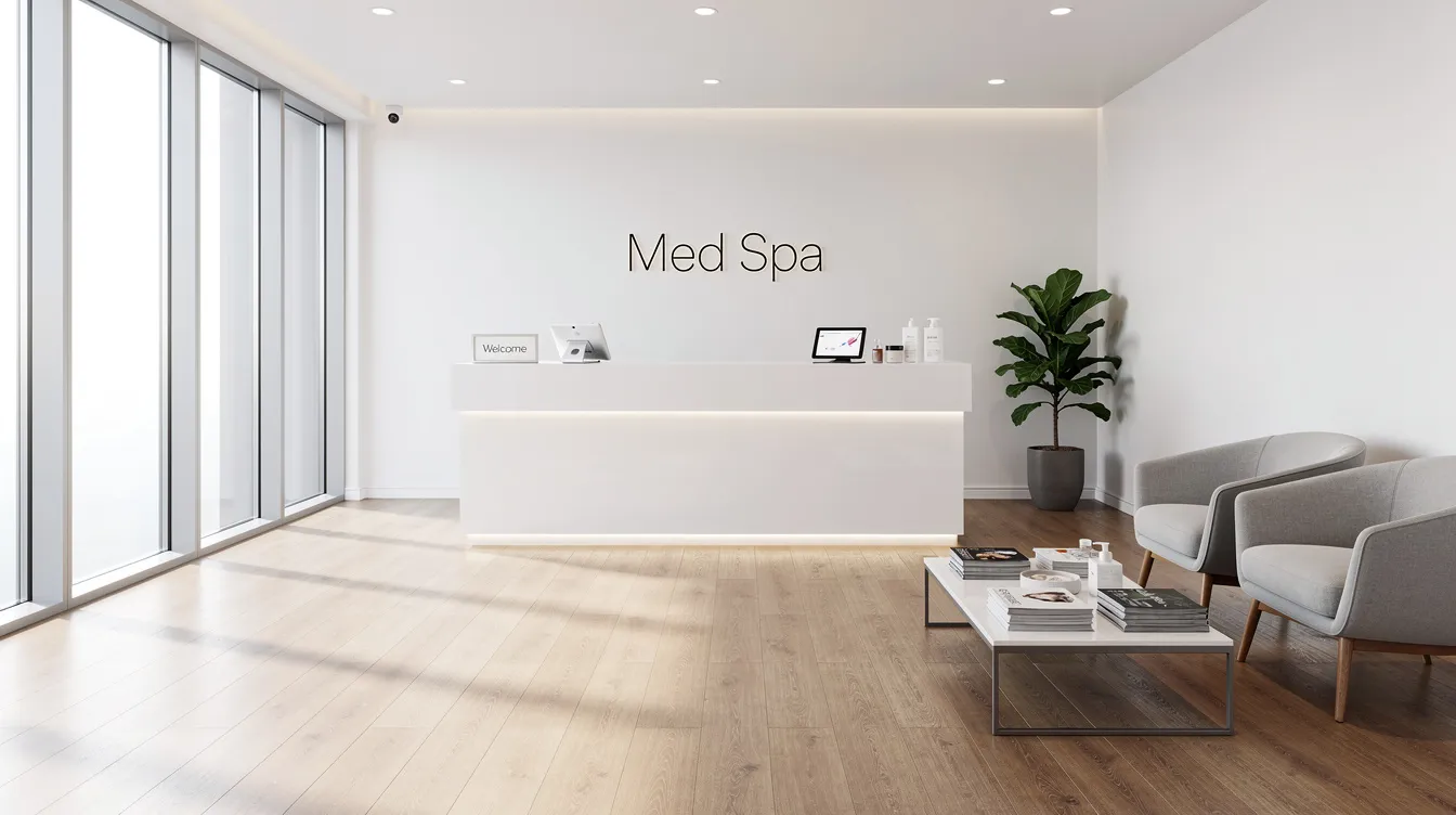 The image depicts a modern medical spa reception area, characterized by clean lines and bright lighting, creating a welcoming atmosphere for clients seeking information on cosmetic procedures and plastic surgery financing options. The space is designed to promote comfort and confidence for those considering surgery financing, including flexible payment plans for procedures like breast augmentation and eyelid surgery.
