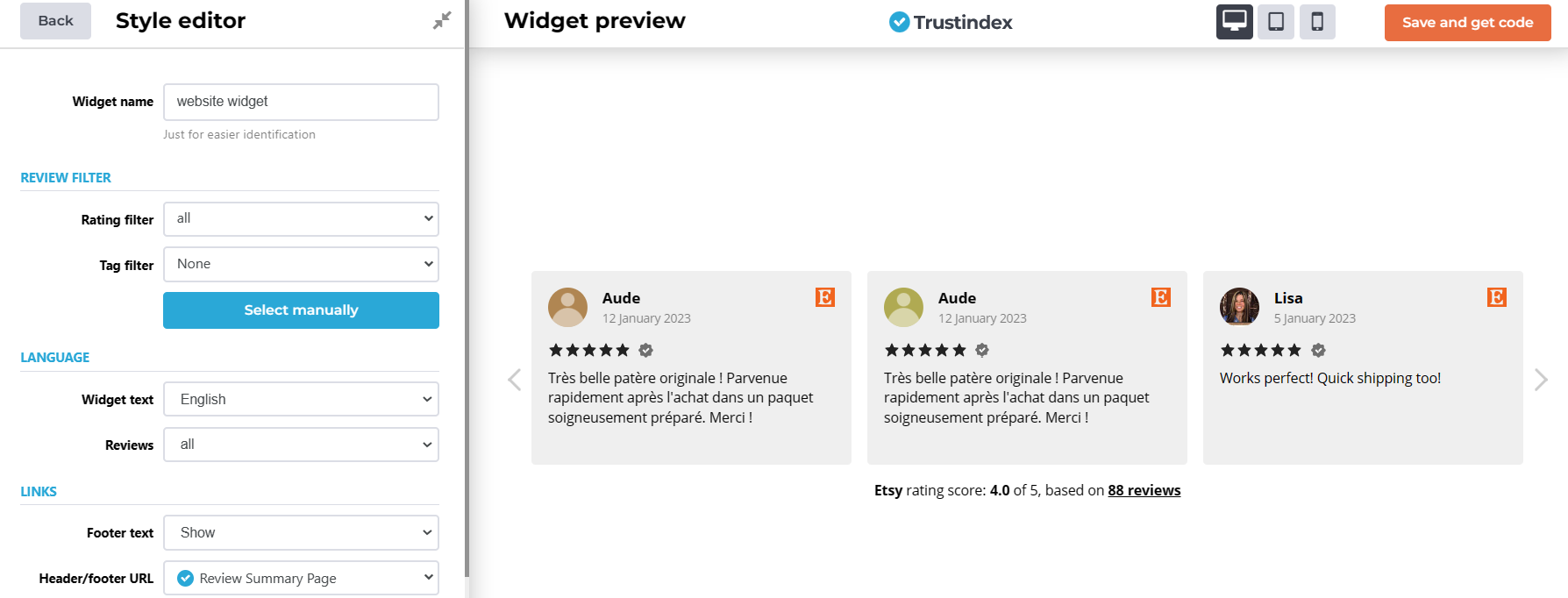Etsy review widget custom css