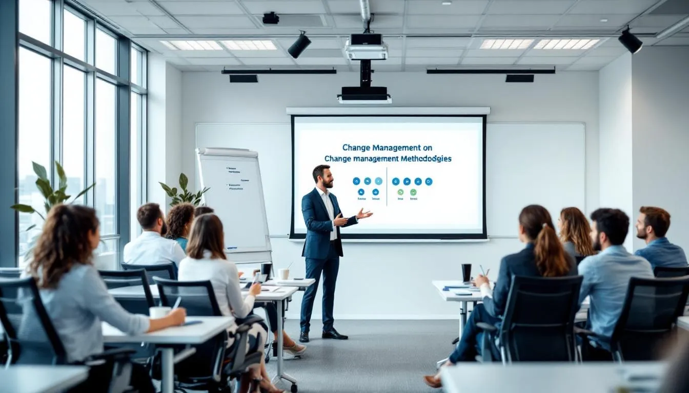 In a training room, employees engage in a professional development session focused on change management methodologies, facilitated by change management consultants. The session emphasizes the importance of organizational culture change and effective communication strategies to drive business transformations and enhance organizational effectiveness.