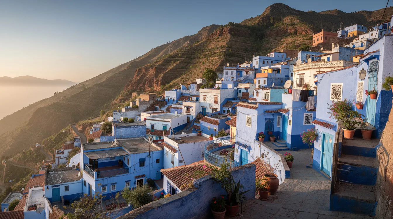 Imagen de la ciudad azul de Chefchaouen, donde las casas pintadas de un vibrante azul se asientan en una ladera de montaña, creando un paisaje pintoresco y cultural. Este destino, ideal para alquilar un coche en Tánger, ofrece una mezcla de tradiciones y belleza natural.