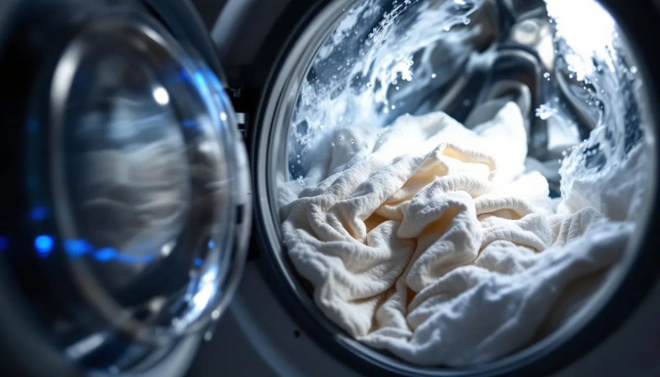 . The image depicts a person cleaning a washing machine, focusing on the interior of the drum. They are using vinegar and baking soda to eliminate unpleasant odors and residues, highlighting the importance of regular cleaning of the washing machine to maintain its efficiency and extend its lifespan.