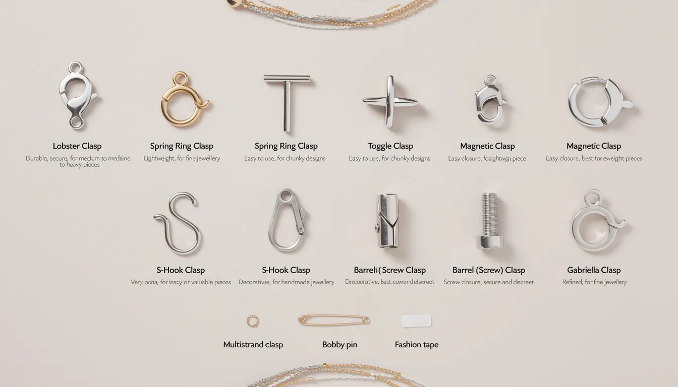 The image features a variety of jewellery clasps, including lobster clasps, spring ring clasps, toggle clasps, and magnetic clasps, each displayed with their unique designs and mechanisms. This comparison highlights their key features, best uses, and suitability for different types of necklaces and bracelets, emphasizing both functionality and aesthetic appeal.