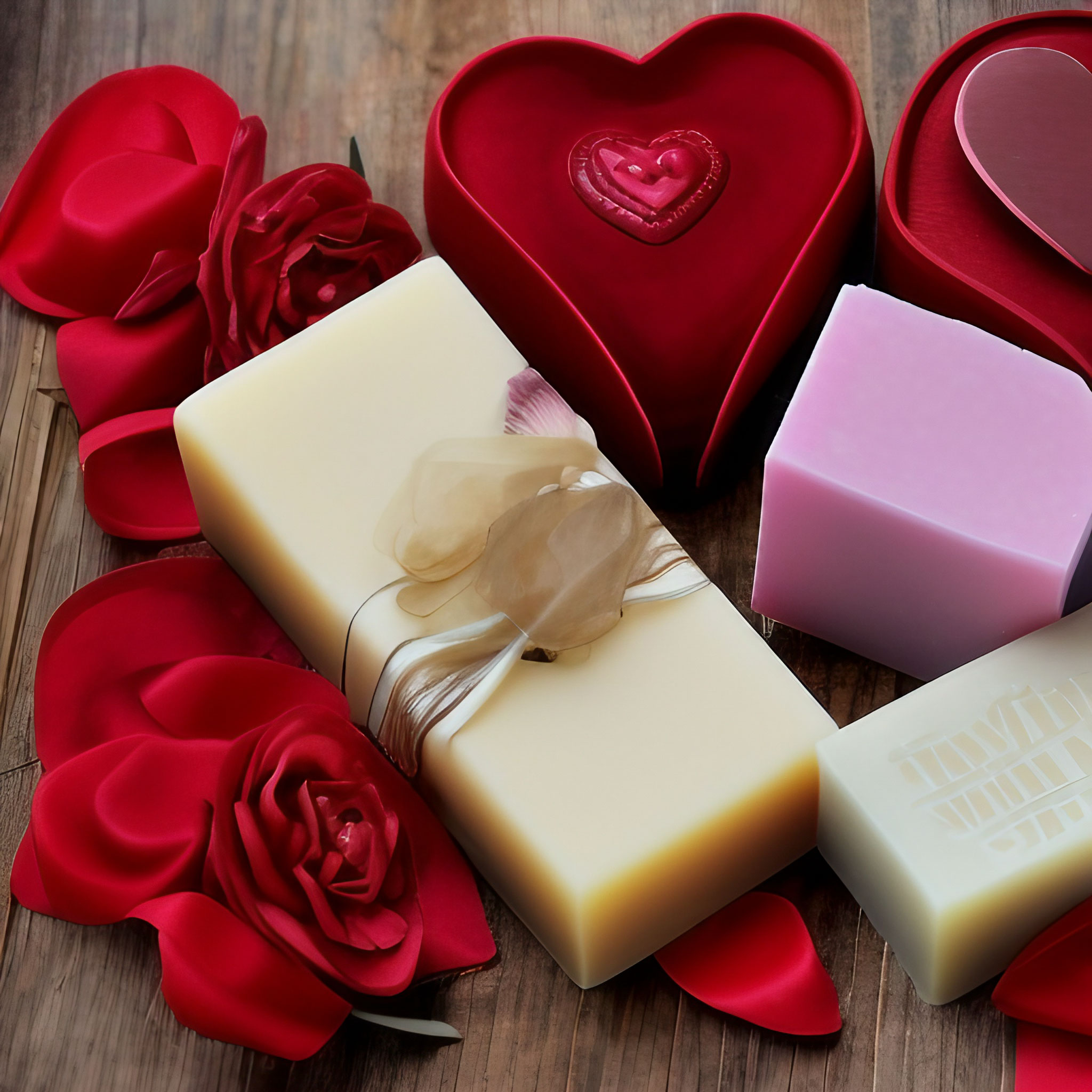 soap for the face, hands, or body with hearts and flowers as decorations on wooden table