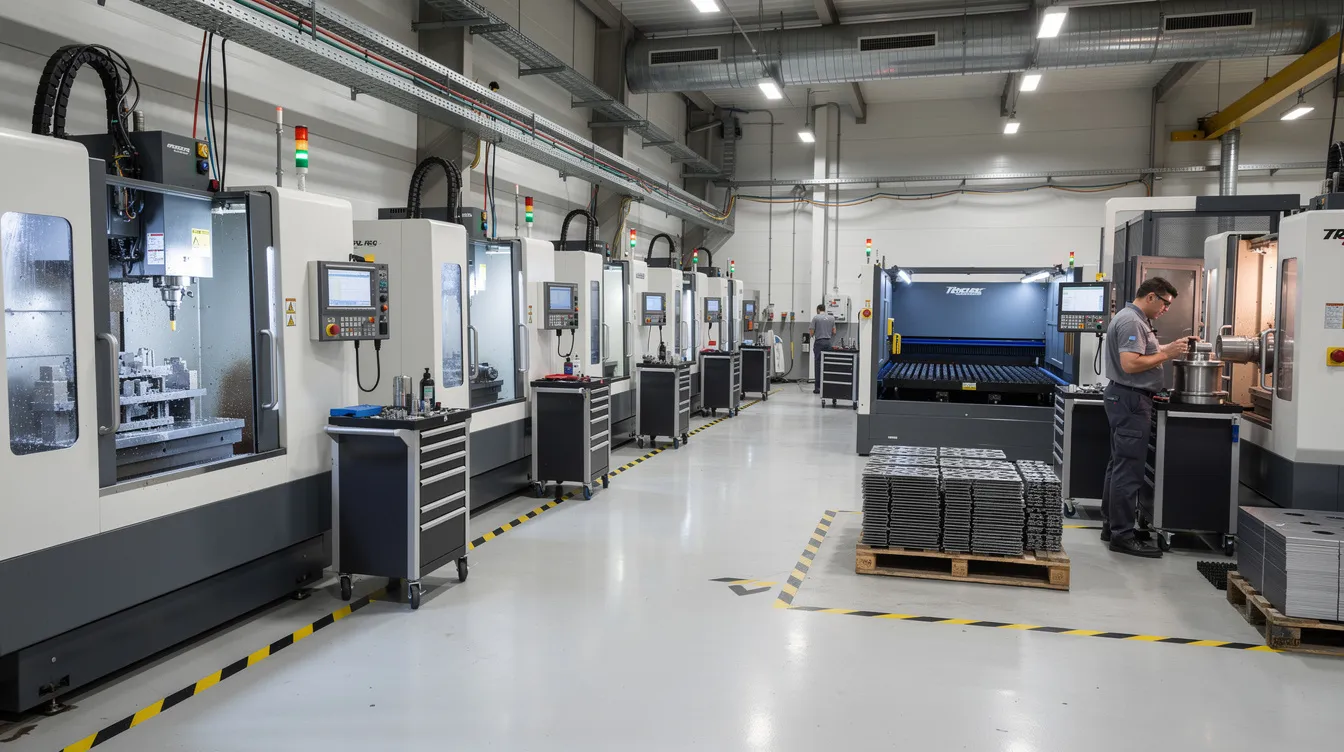 The image depicts a modern factory floor filled with various CNC machines, including vertical milling centers, turning lathes, and a laser cutting station, showcasing advanced computer numerical control technology used in the manufacturing process. These CNC machine tools are designed for high precision and efficiency, playing a crucial role in modern manufacturing and production lines.
