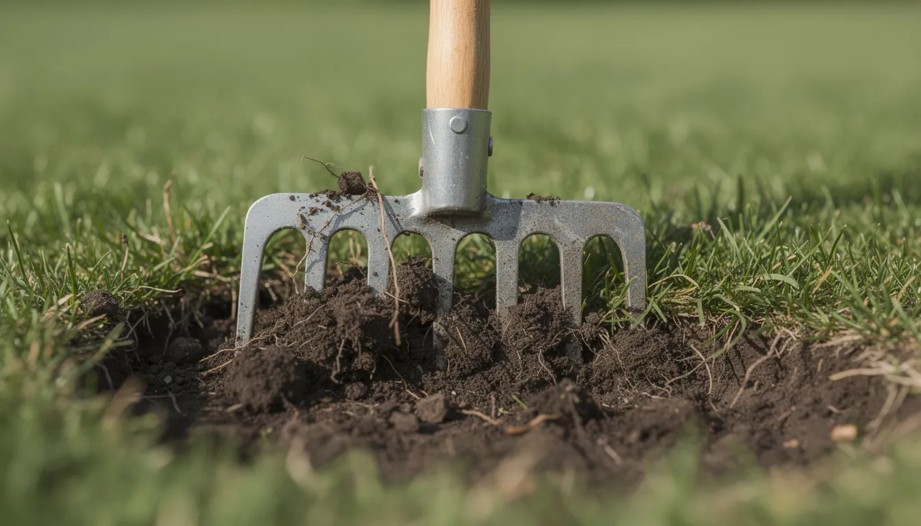 A garden fork is inserted into the lawn soil, demonstrating aeration techniques essential for maintaining a healthy lawn. This process helps relieve compaction and promotes the growth of grass by allowing nutrients and water to reach the roots more effectively.