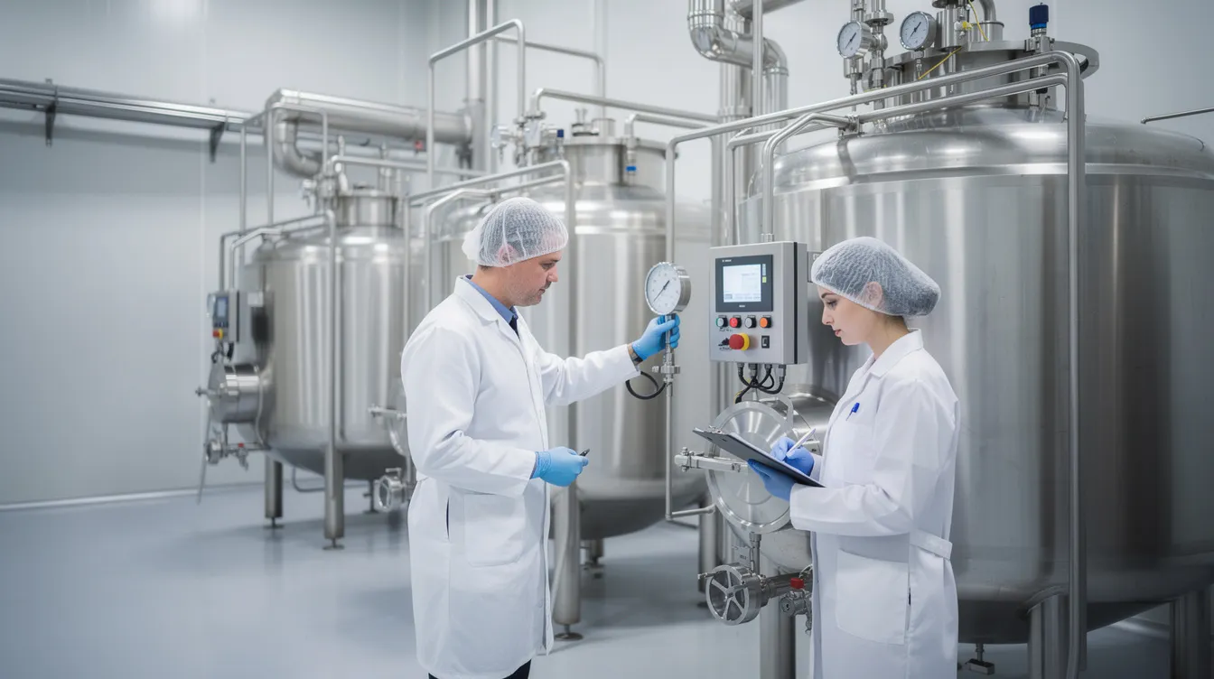 abb0e7d2 899a 49b2 b14d 487e50561497 In a clean factory environment, workers in white coats monitor advanced stainless steel dairy processing equipment, including pipes and gauges, crucial for the efficient production of milk powder and other dairy products. This scene highlights the importance of quality manufacturing and safety in the milk powder production plant.