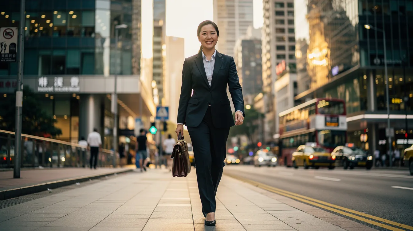 一位自信微笑的專業人士走在香港繁忙的現代街道上,四周環繞著高聳的摩天大樓和充滿活力的城市生活。此畫面捕捉了都市成功與專業的精髓,凸顯城市的動態氛圍。