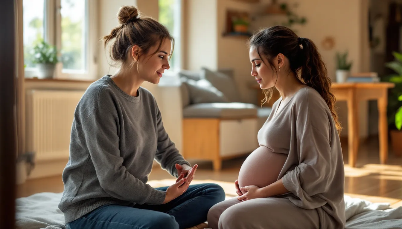 A thoughtful midwife discussing potential risks with a pregnant woman in a home setting.