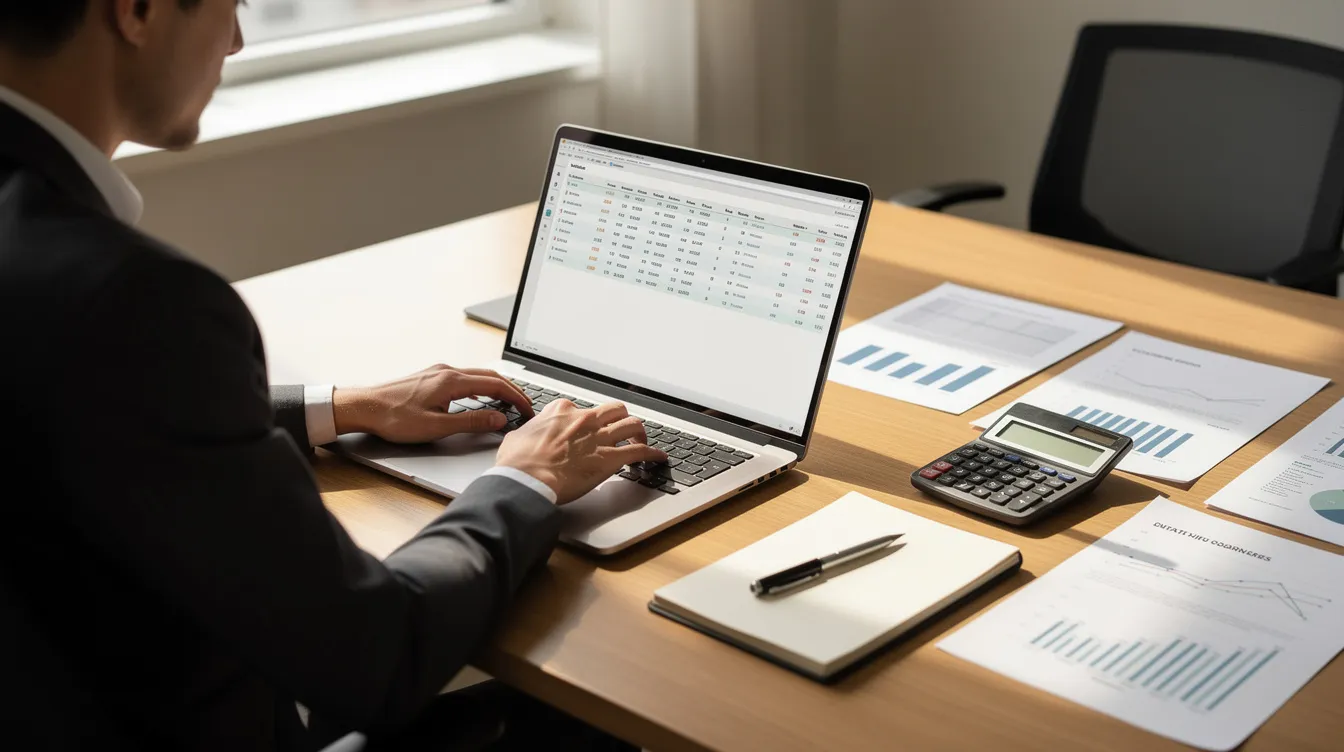 A person is seated at a desk, focused on using a laptop computer, while financial documents related to 中小企業 are spread out nearby, suggesting they are working on a business plan or government資助計劃. The setting conveys a sense of productivity and organization, relevant to the needs of Hong Kong 中小型企業.