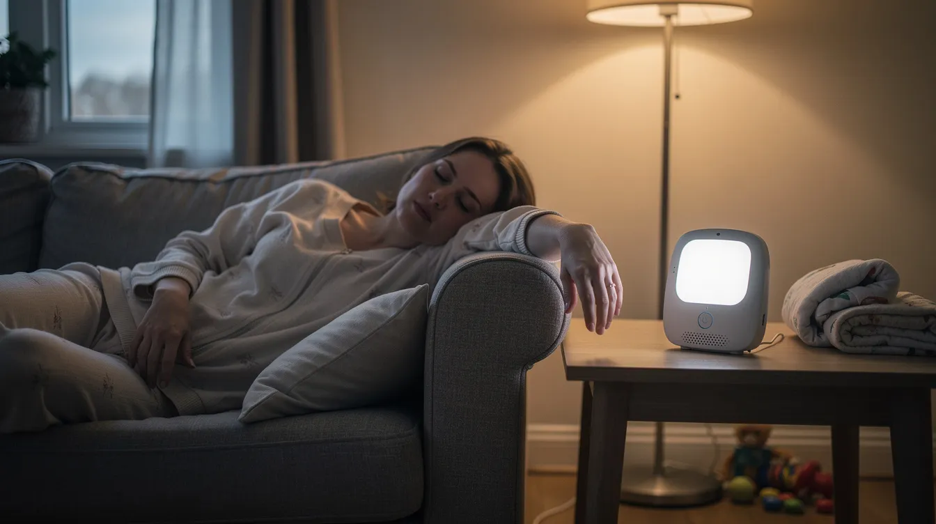 A tired parent is resting on a couch, with a baby monitor placed on a nearby table, symbolizing the challenges of sleepless nights and the need for more sleep during the postpartum period. The scene captures the essence of new parents navigating infant care practices while coping with sleep disruption and the stress of maintaining their own health.
