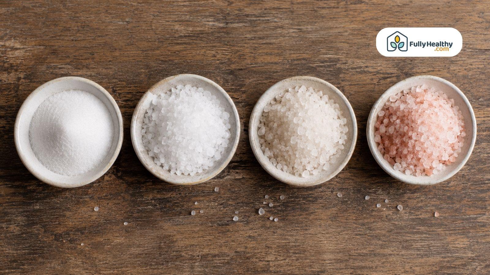 Bowls of table, sea, kosher, and Himalayan pink salt on wooden surface.