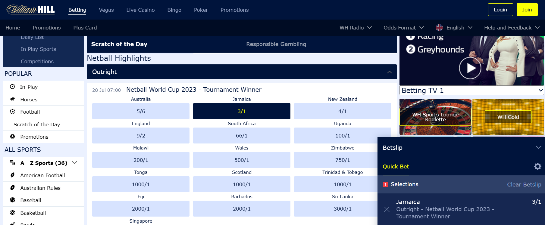 Netball World Cup odds at William Hill