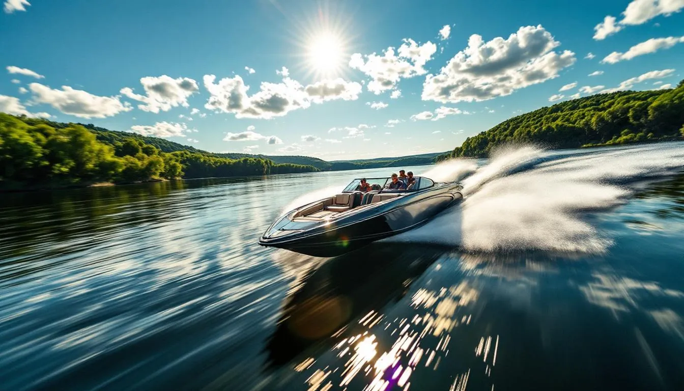 A high-performance speedboat races across the shimmering waters of Lake of the Ozarks, creating splashes and waves as it moves swiftly. This exhilarating scene captures the thrill of boating, highlighting the importance of boat insurance for protecting vessels and ensuring safety on the water.
