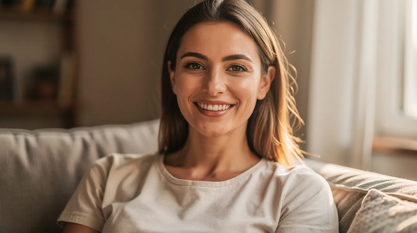 A confident woman is smiling in a casual setting, dressed in a comfortable top and illuminated by natural light. Her relaxed demeanor reflects a sense of comfort, which many women seek during their recovery period after procedures like inverted nipple correction surgery.