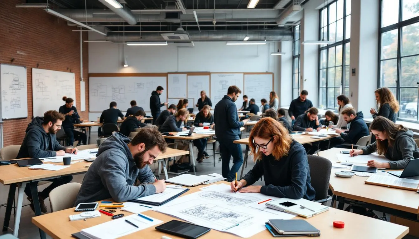 In a university studio, students are engaged in collaborative work on architectural drawings, showcasing their creativity and professional development in design. The environment reflects strong relationships among colleagues as they tackle challenges and share ideas for their projects.