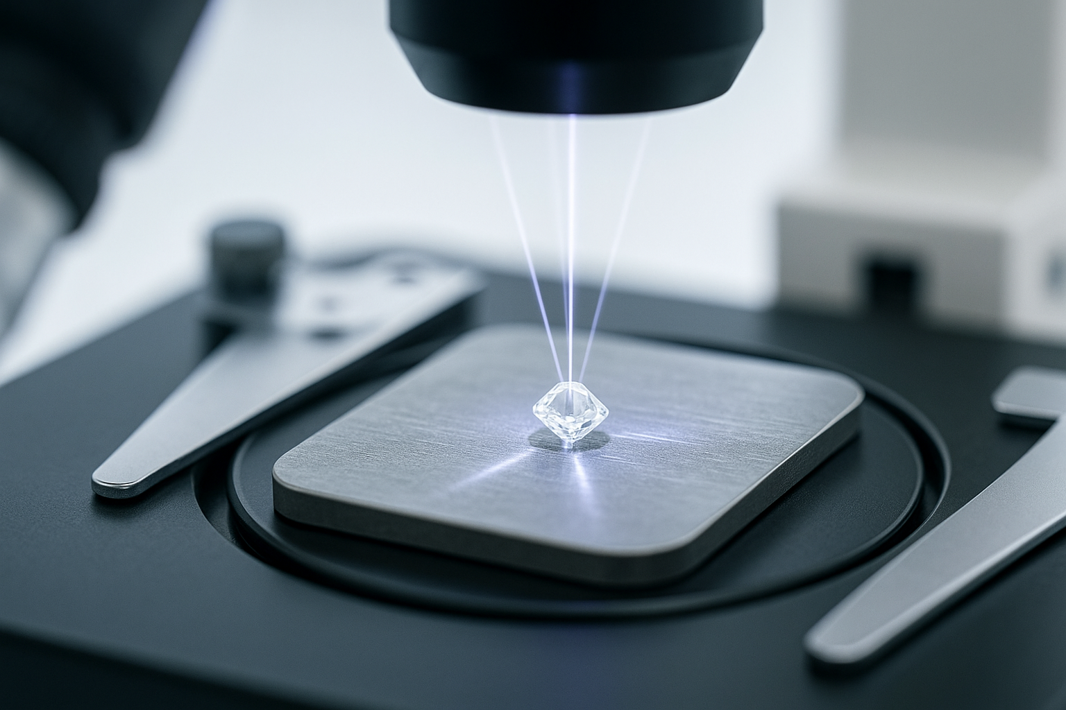 Priartintas laboratorinis vaizdas, kuriame po mikroskopu matomas mažas bespalvis deimanto kristalas, augantis ant metalinės plokštelės