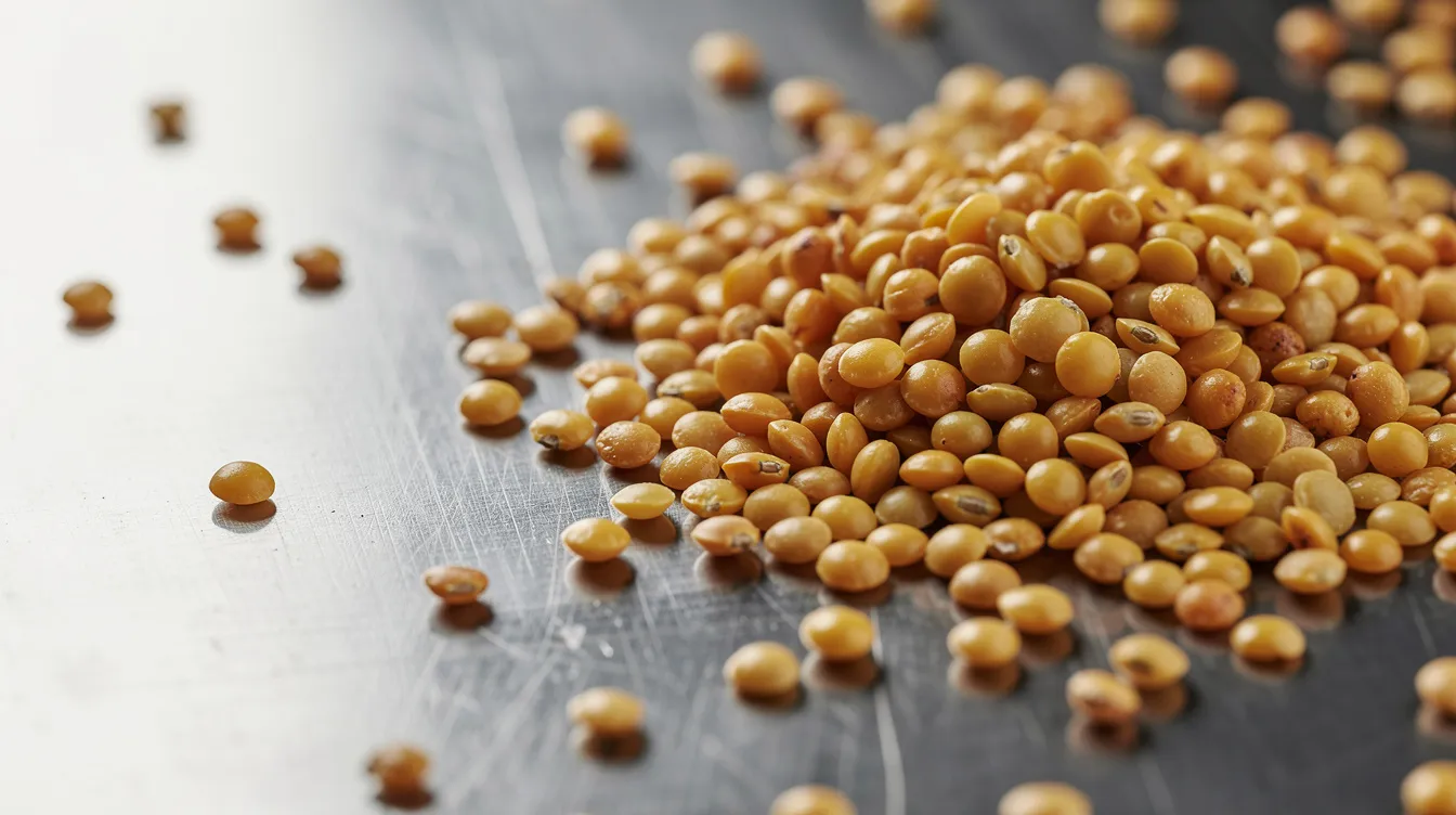 abb5a7b8 d420 4a31 ae23 3ca304a06971 A close-up view showcases golden polished toor dal grains spread across a shiny stainless steel surface, highlighting their vibrant color and smooth texture. This image emphasizes the quality of pulses commonly processed in dal mills, reflecting the meticulous polishing and recovery processes involved.
